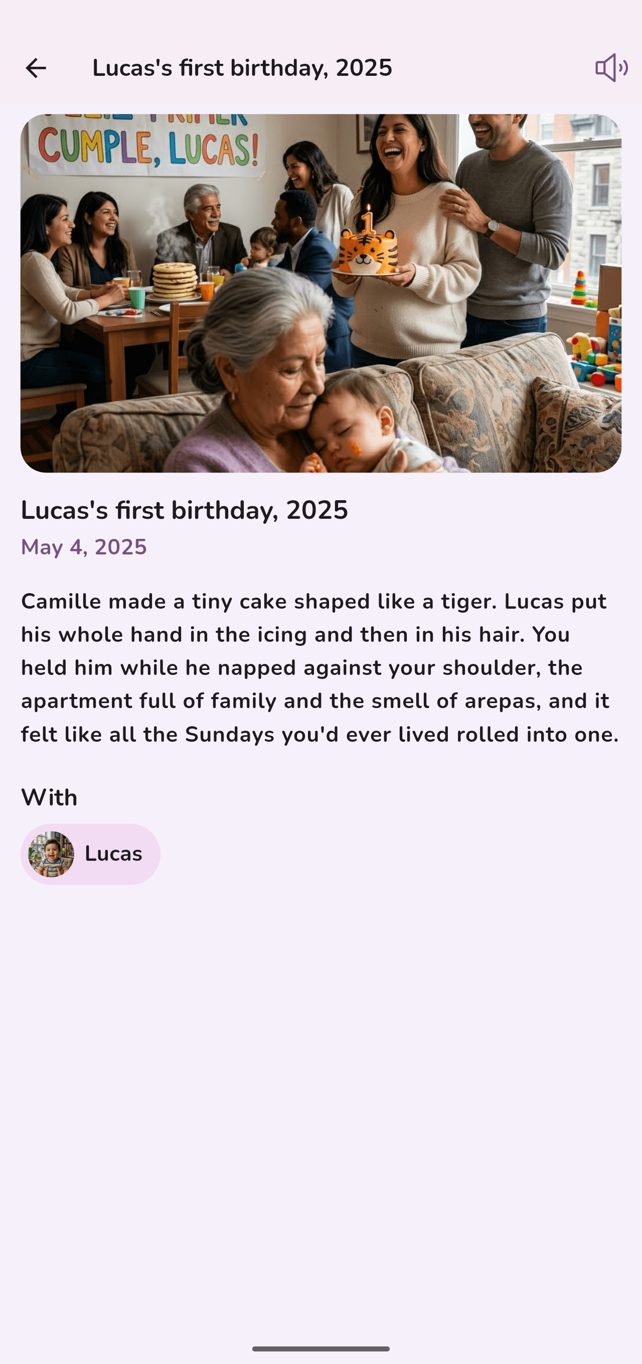 Zekra memory detail — Lucas's first birthday, 2025