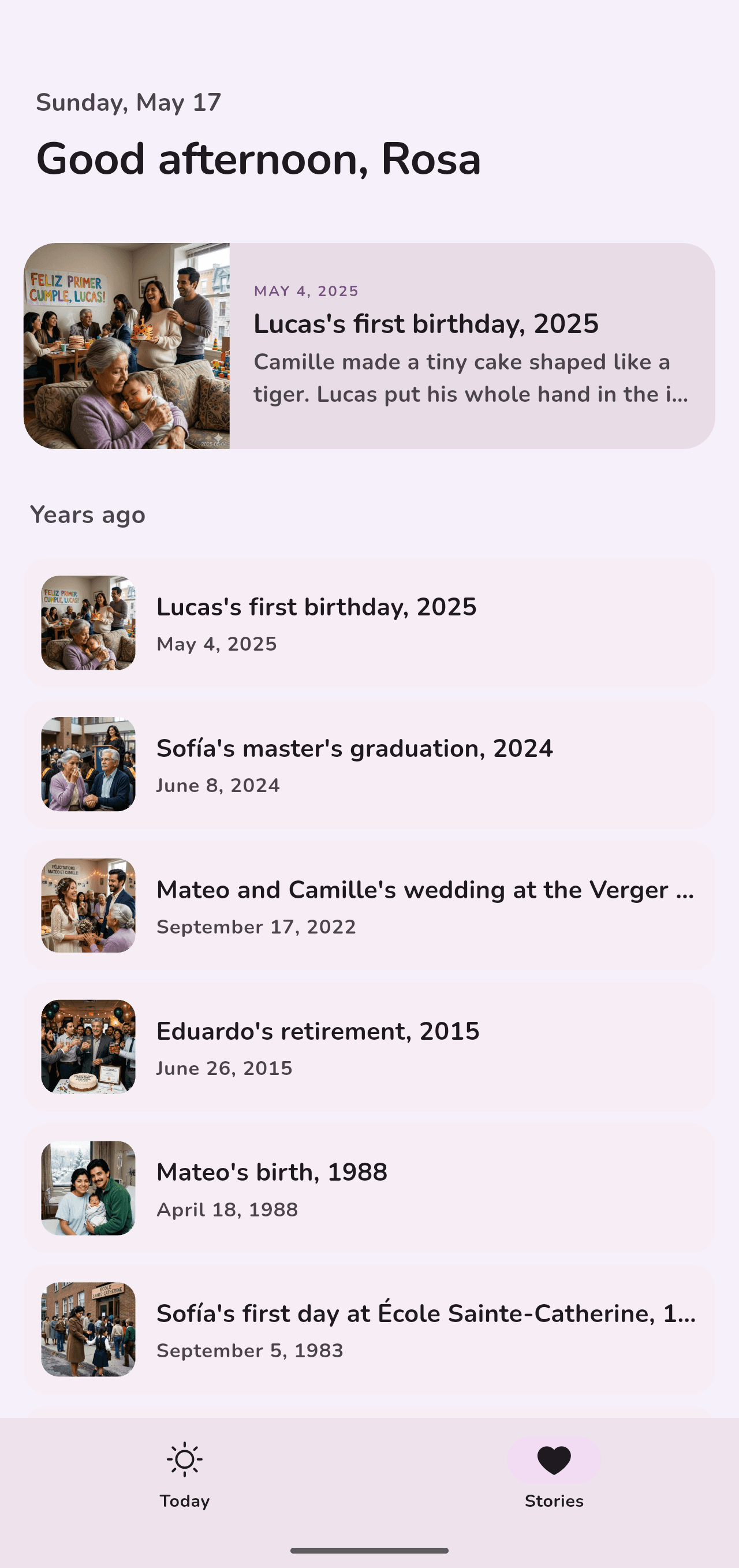 Zekra Stories screen — featured memory and timeline