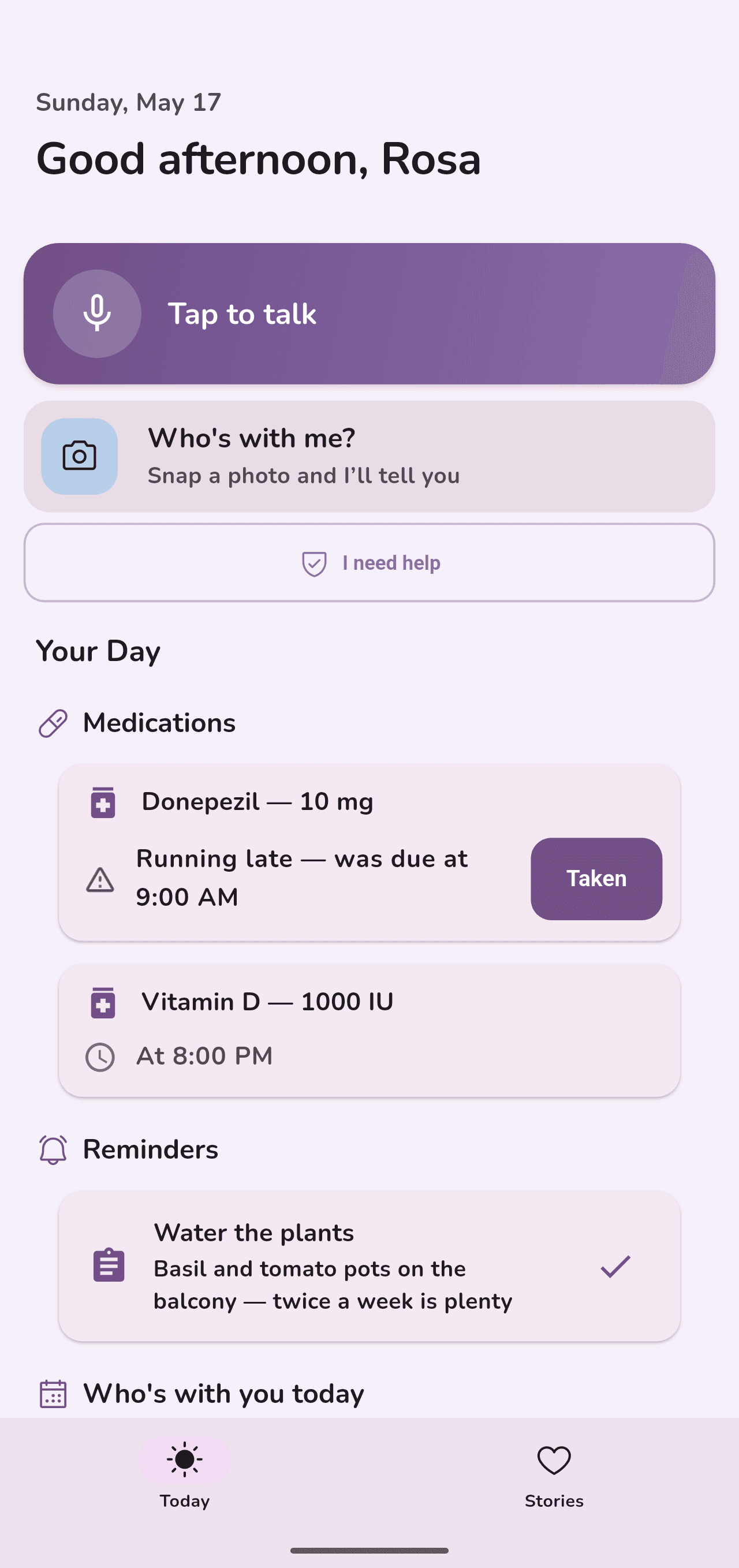 Zekra Today screen — greeting, voice tap, medications